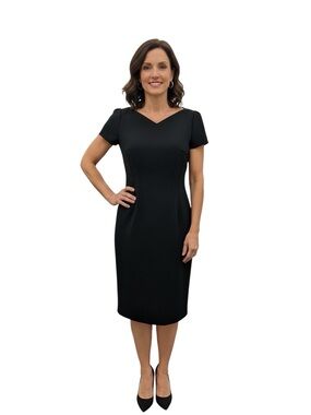 Tahari Black V-Neck Midi Sheath Dress Size M
